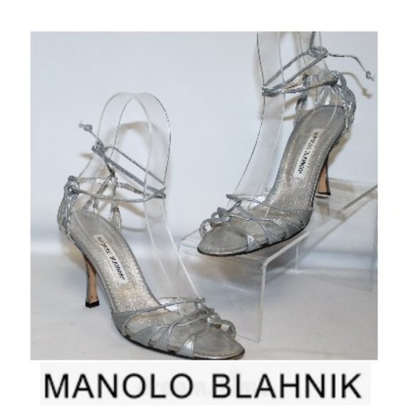 Manolo Blahnik Shoes - Manolo Blahnik Silver Strappy Ankle Strap Heels Sandals Shoes